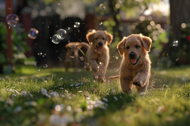 Perros juguetones persiguiendo burbujas en un jardín