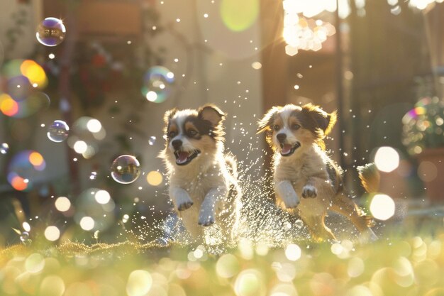 Perros juguetones persiguiendo burbujas en el sol