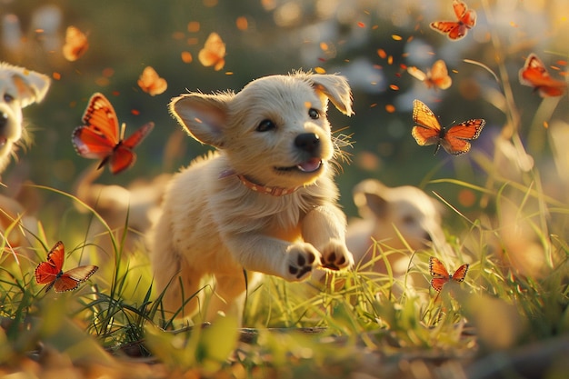 Foto perros juguetones persiguiendo mariposas