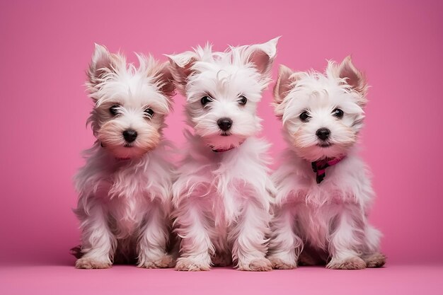 Perros lindos con diferentes peinados en fondo rosa