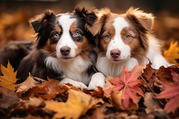 Perros lindos en hojas de otoño