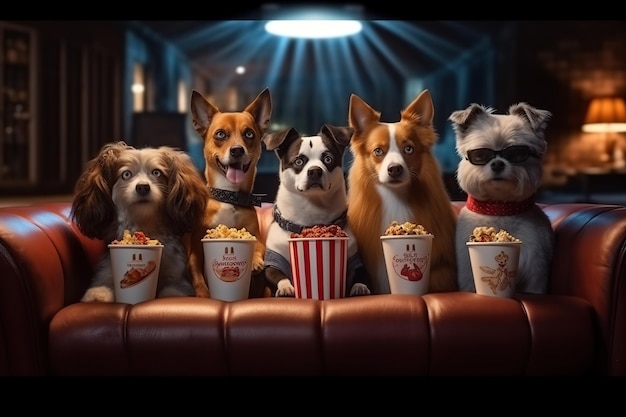 Perros lindos con palomitas de maíz en el cine y viendo una película IA generativa