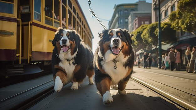 perros de las montañas caminando juntos delante del tren cerca de la vía ferroviaria