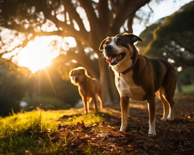 Perros en el parque con el sol detrás.