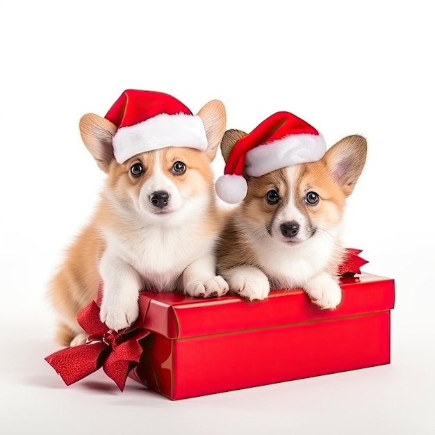 Perros Pembroke Welsh Corgi con sombreros rojos de Navidad sentados con una caja de regalos aislada sobre un fondo blanco IA generativa