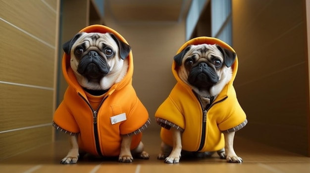 perros pug que llevan chaquetas que dicen que son un perro.