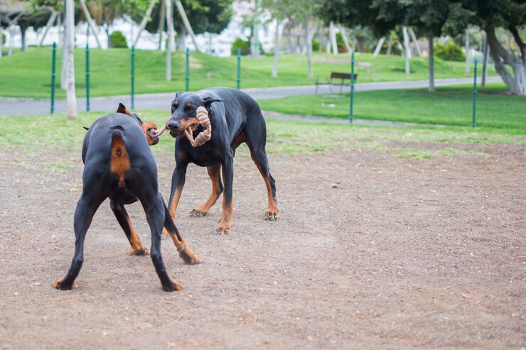 Perros de raza Doberman jugando con una cuerda en sus hocicos en la tierra del parque