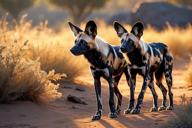 Foto perros salvajes africanos lycaon pictus vagando en el resplandor nocturno ia generativa