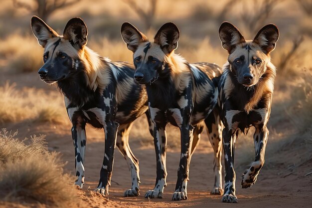 Perros salvajes africanos Lycaon pictus vagando en el resplandor nocturno IA generativa