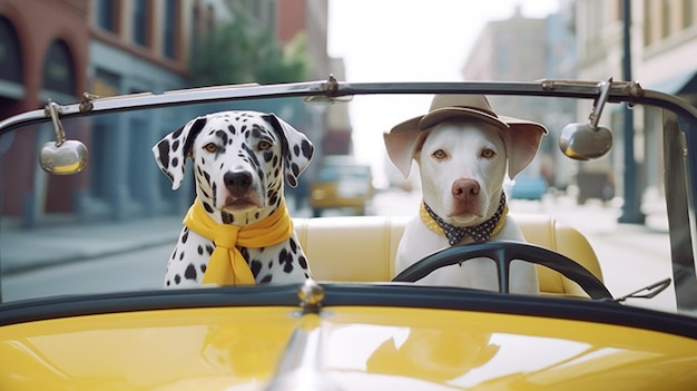 perros sentados en un coche amarillo con una bufanda amarilla y un sombrero generativo ai