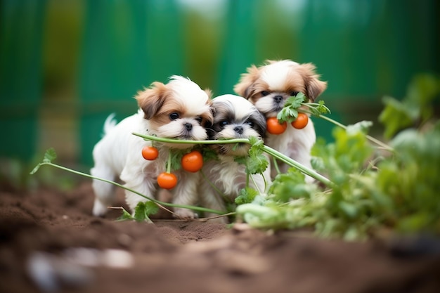 Perros de Shih Tzu explorando un campo de verduras