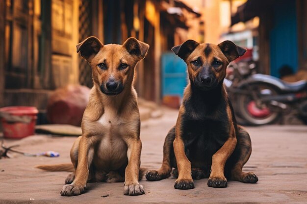 los perros se sientan en la calle frente a un fuego