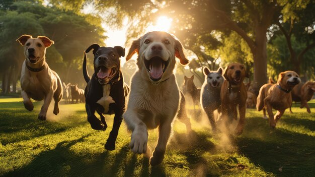 Foto perros de socialización jugando en el parque