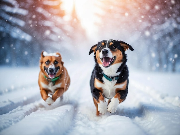 Foto perros sonrientes persiguiendo en la nieve de invierno