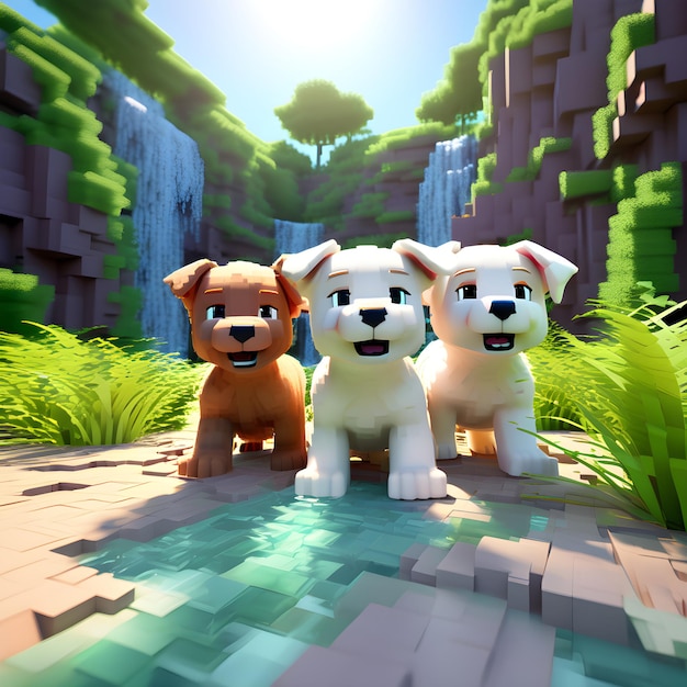 Perros con texturas de estilo Minecraft en bloques Perros de superficie Voxel IA generativa