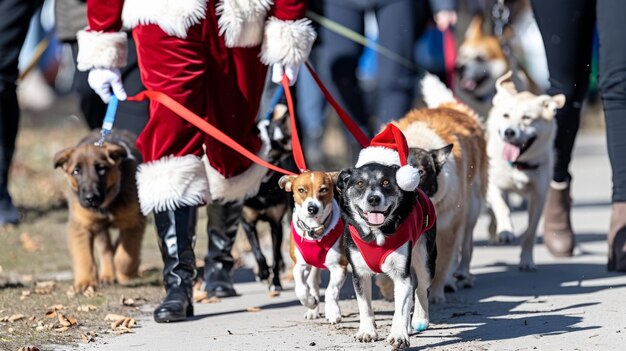 Foto perros con trajes de santa claus en el parque canino de la ciudad de chicago el sábado 7 de diciembre de 2019