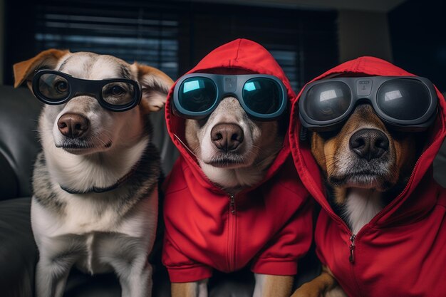 Foto perros viendo una película en el sofá con auriculares de realidad virtual