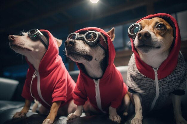 Foto perros viendo una película en el sofá con auriculares de realidad virtual