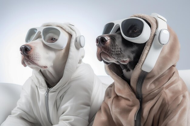 Perros viendo una película en el sofá con auriculares de realidad virtual