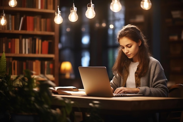 Perseguição Académica Jovem Estudante Trabalhando no Laptop e Envolvendo-se no Estudo Generativo Ai