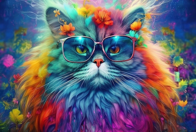 Perserkatze mit einer stilvollen Brille Die helle und lebendige Farbpalette verleiht dem Kunstwerk einen Hauch von Verspieltheit und die selbstbewusste Haltung der Katze und die skurrile Brille vermitteln einen Hauch von Charme