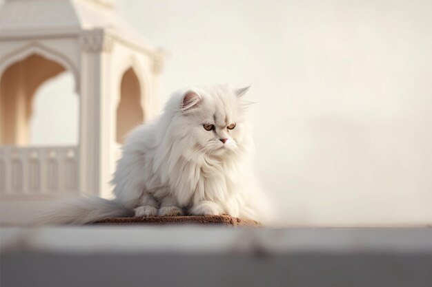 Perserkatze sitzt auf der Terrasse mit weißem Wandhintergrund