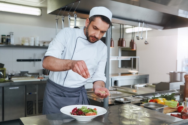 Persiga los sabores ook preparando un plato para servir la cocina comercial moderna