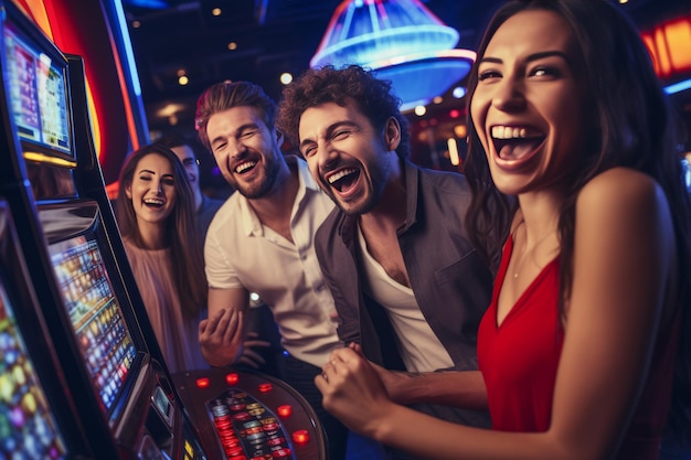 Foto persiguiendo los premios un círculo estrecho de amigos aumentando la apuesta en las máquinas tragamonedas del casino ar 32