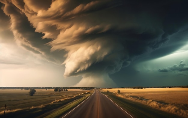 Persiguiendo a Thunder Tornado en la carretera con IA generativa de banner ancho