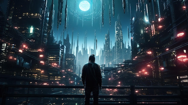 Persönliche Sicht von der Straße einer detaillierten Cyberpunk-Stadt mit vielen Lichtern