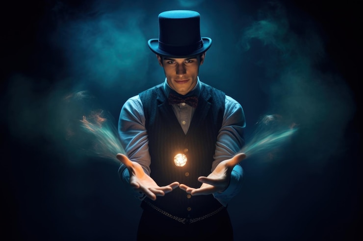 Foto persönlichkeit, die zaubertricks ausführt, fotografen, künstler