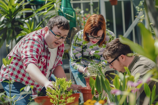 Persönlichkeit mit geistiger Behinderung kümmert sich um die Pflanzen in einem Garten