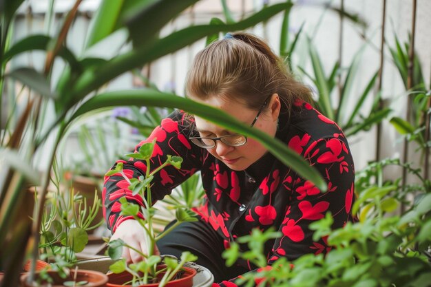 Persönlichkeit mit geistiger Behinderung kümmert sich um die Pflanzen in einem Garten