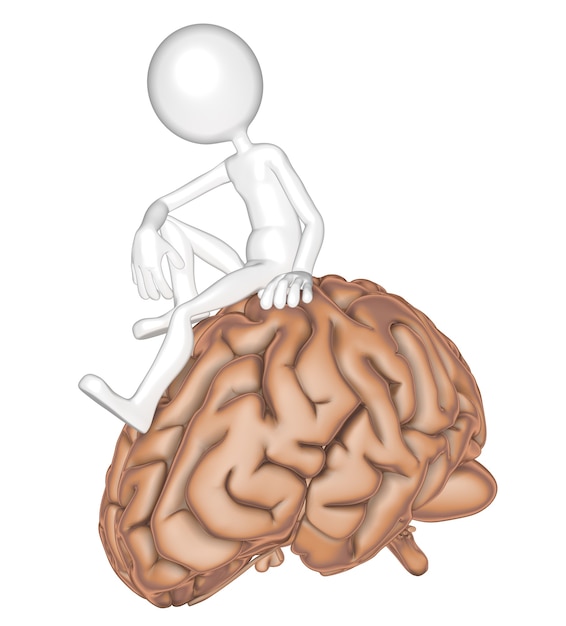 Person 3d, die auf einem Gehirn sitzt. Isoliert auf weißem Hintergrund