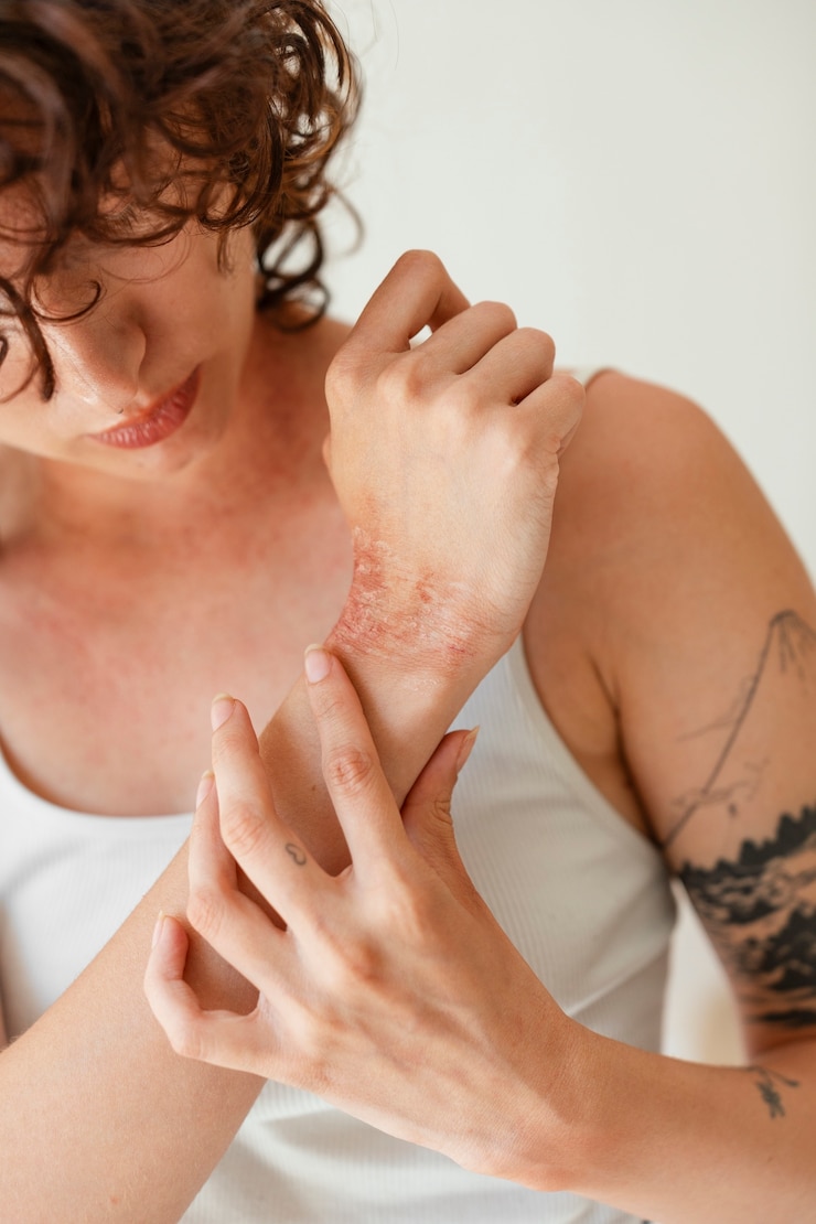 Foto person, die an einer dermatitis-hautkrankheit leidet