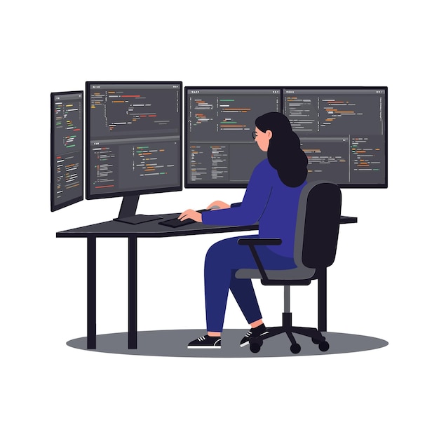 Person, die an mehreren Bildschirmen arbeitet, in einer flachen Vektorillustration