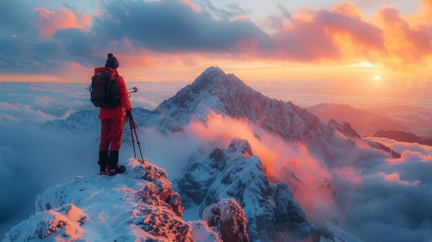 Person, die auf dem Berg steht und in den Himmel schaut