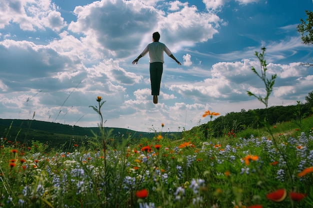 Person, die auf einem Blumenfeld springt