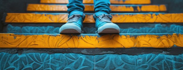 Person, die auf einer gelben und blauen Treppe steht