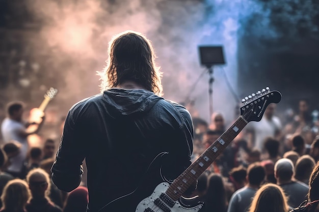 Foto person, die e-gitarre spielt und im publikum eines musikfestivals auftritt, das mit generativer ki erstellt wurde