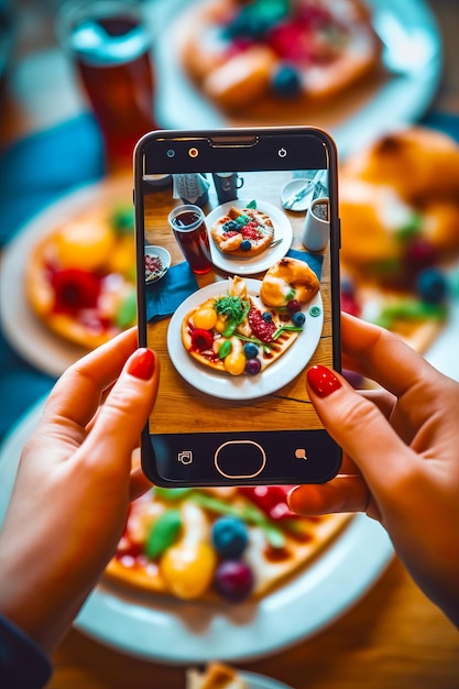 Foto person, die ein bild von einem teller mit essen auf einem handy macht generative ki