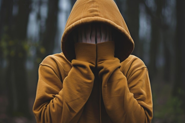 Foto person, die ein hooded-sweatshirt trägt, das ihr gesicht mit der kapuze bedeckt