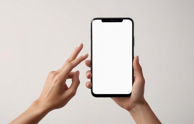 Person, die ein Smartphone mit einem leeren weißen Bildschirm in der Hand hält