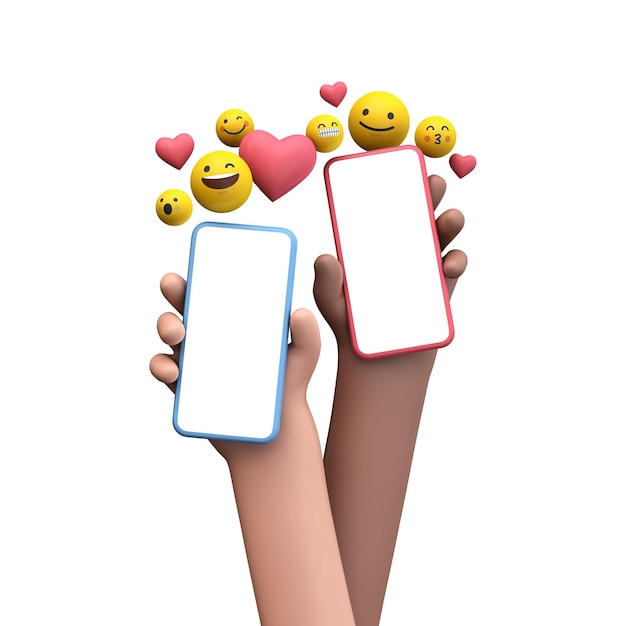 Person, die ein smartphone mit emoji online social media icons d rendering hält