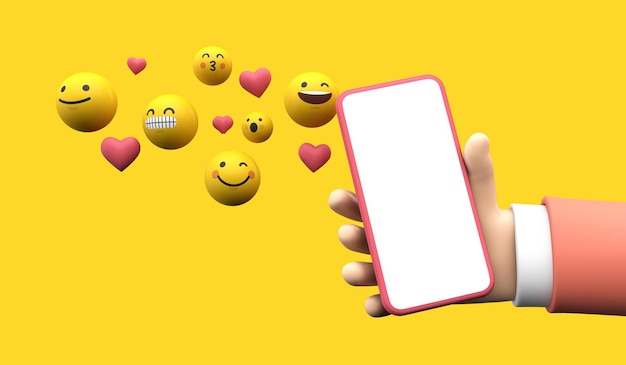 Person, die ein smartphone mit emoji online social media icons d rendering hält