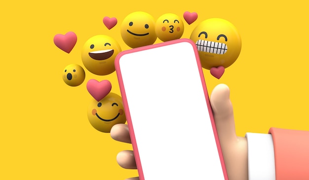 Person, die ein smartphone mit emoji online social media icons d rendering hält