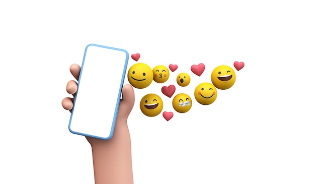 Person, die ein smartphone mit emoji online social media icons d rendering hält