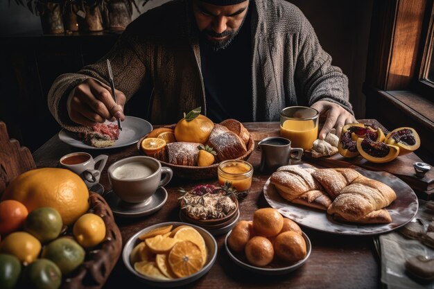 Person, die ein traditionelles kolumbianisches Frühstück mit Kaffee und Gebäck genießt