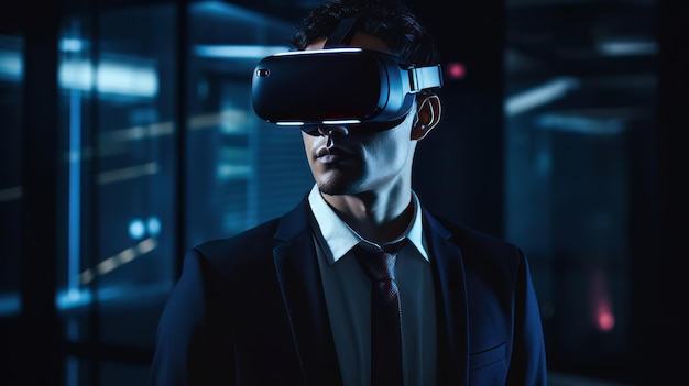 Person, die ein VR-Headset für den Finanz-Dashboard-Schlüssel trägt Generative KI