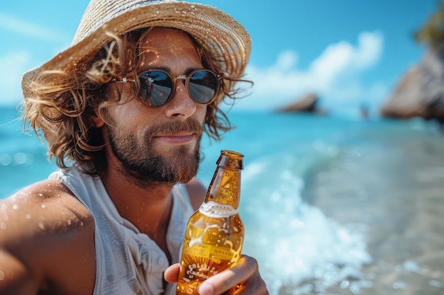 Person, die eine Bierflasche am Strand hält